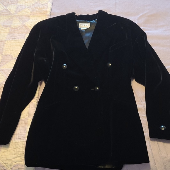 Kenar vintage 80's black velvet fitted blazer double breasted Made in Hong Kong - Picture 4 of 12